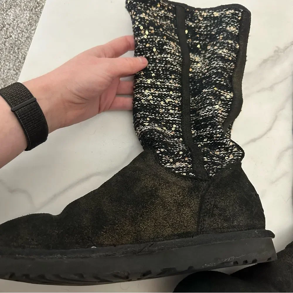 UGG Australia Black And White Camaya Knit Sequin Embellished Suede Boots Size 8